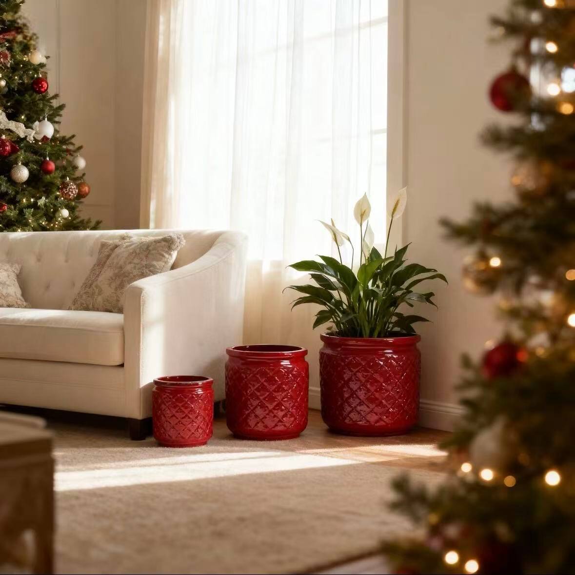 Angle. Loheer - Loheer Ceramic Planter Set, Handmade Burgundy Indoor Plant Pots, Diamond Pattern, Breathable Clay, 15 12 9 Inch.