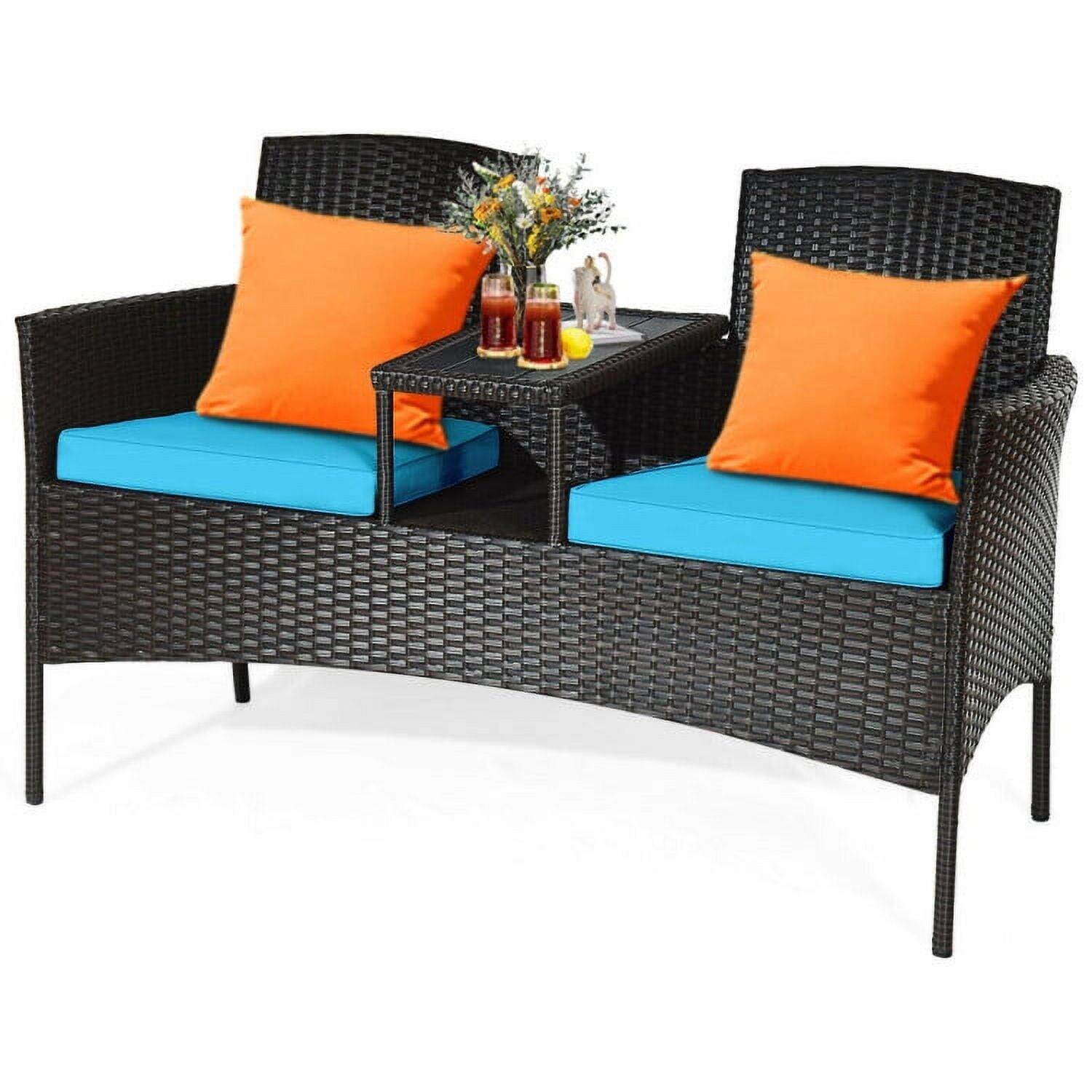 Alt View 1. Kadyn - Patio Conversation Bistro Set with Seat Outdoor Rattan Patio Conversation Set with Built-in Coffee Table and Cushions fo - Blue.