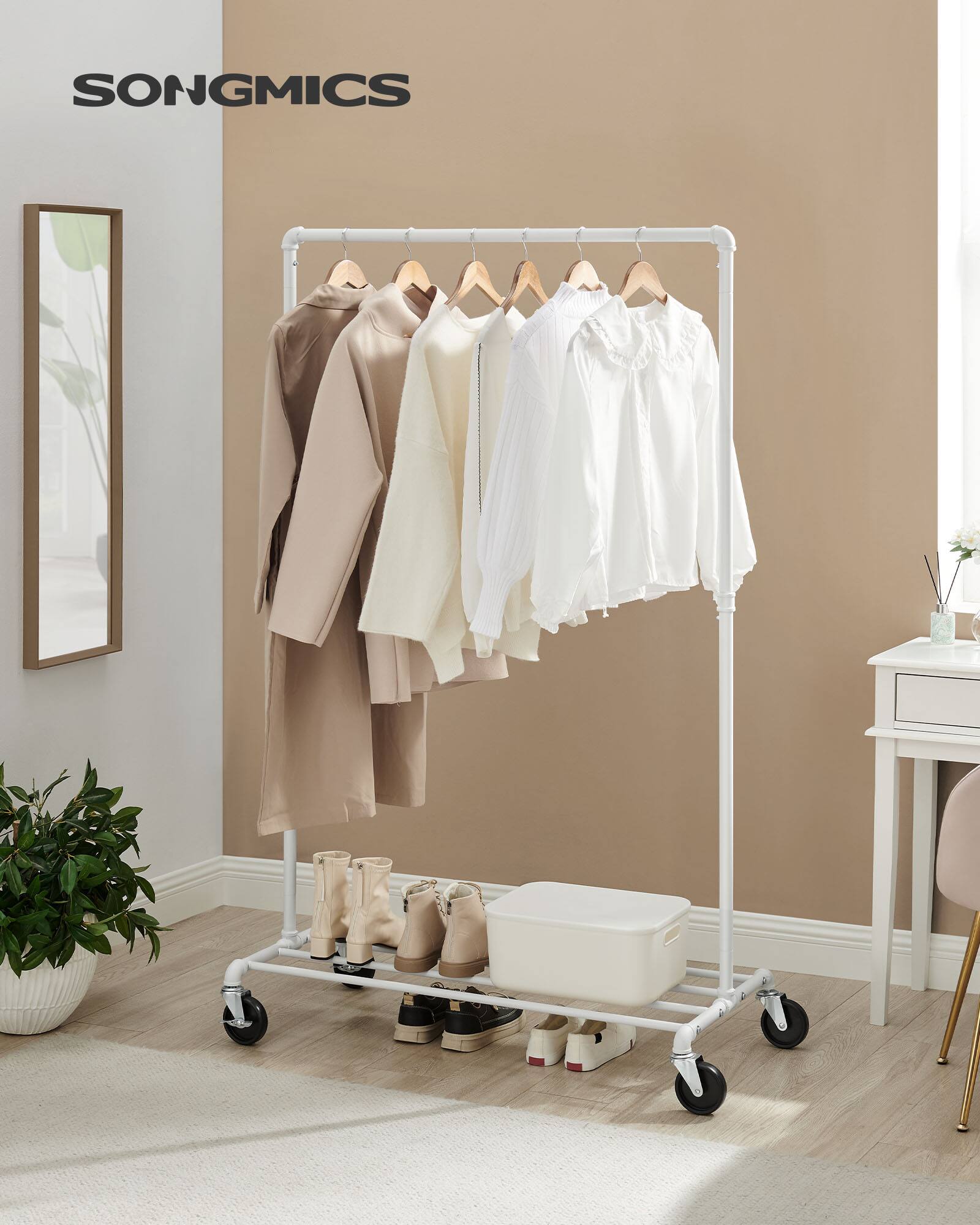 Angle. Songmics Home - Heavy-Duty Clothes Rack, Clothing Rack for Hanging Clothes, Industrial Garment Rack on Wheels, Metal Frame - Matte White.