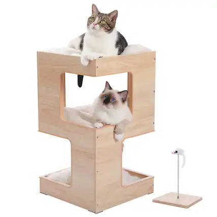 Front. Pefilos - 23" Wood Cat Bed House for Indoor Cats with Free Cat Toy, Scratching Pad and Removable Soft Mats - Beige.