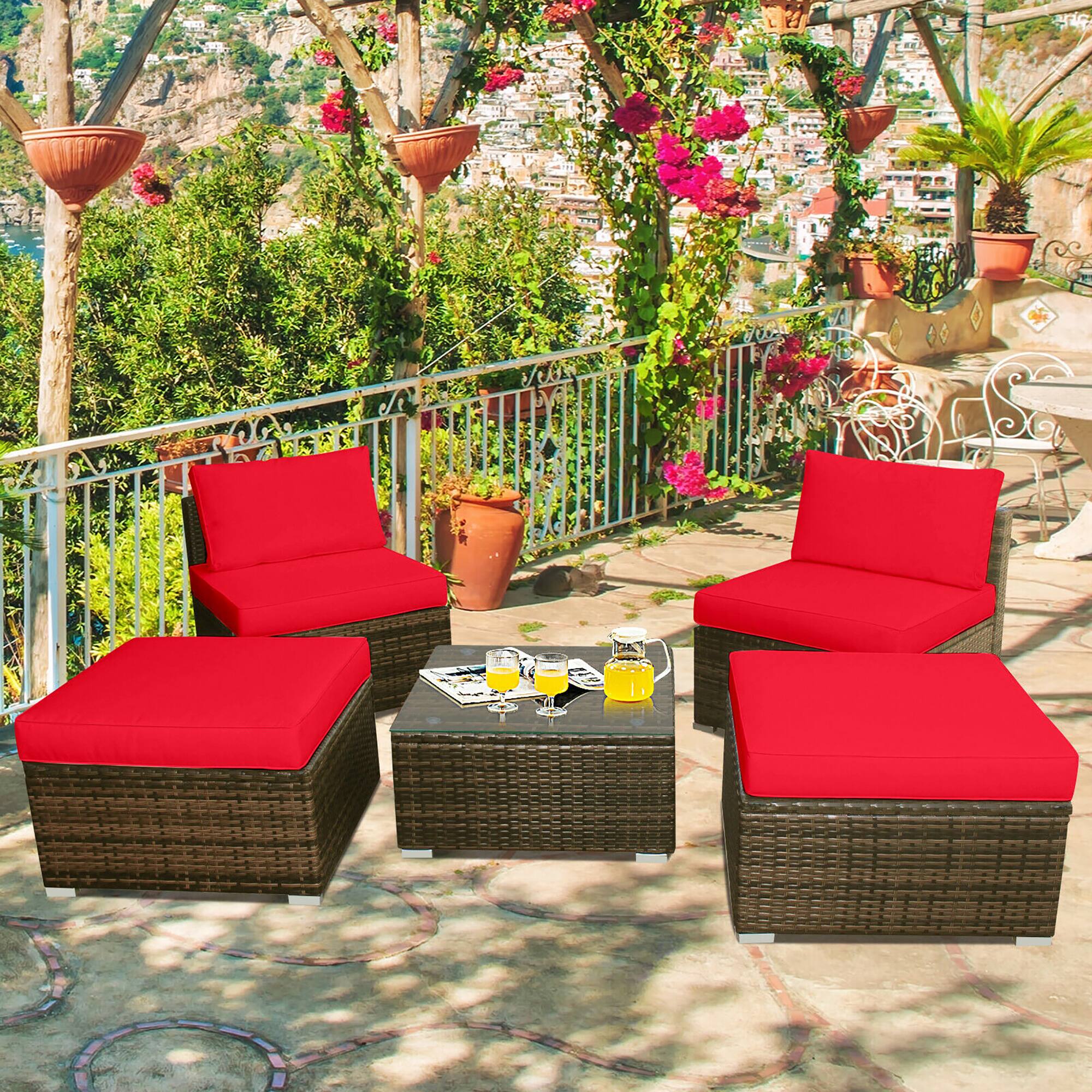 Alt View 3. Costway - 5PCS Patio Rattan Wicker Furniture Set Armless Sofa Cushioned - Red.