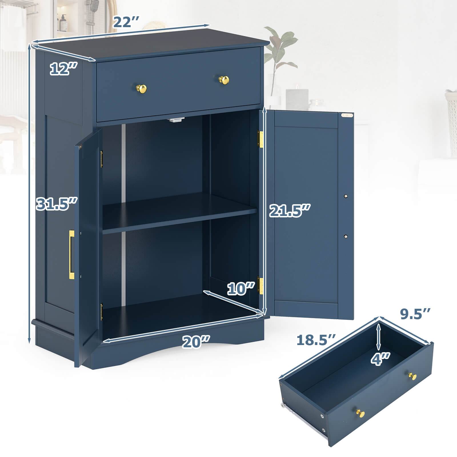 - Width: 22"
- Depth: 12"
- Height: 31.5"
- Shelf Height: 21.5"
- Drawer Height: 10"
- Drawer Width: 20"
- Drawer Depth: 18.5"
- Drawer Height: 9.5"
- Drawer Width: 4"