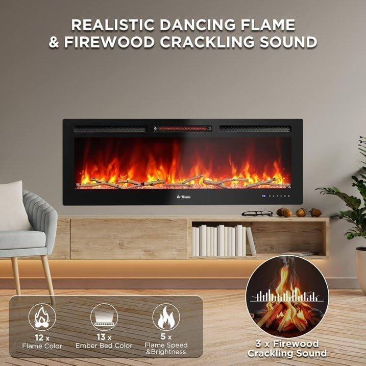 REALISTIC DANCING FLAME & FIREWOOD CRACKLING SOUND

- 12 x Flame Color
- 13 x Ember Bed Color
- 5 x Flame Speed & Brightness
- 3 x Firewood Cracking Sound