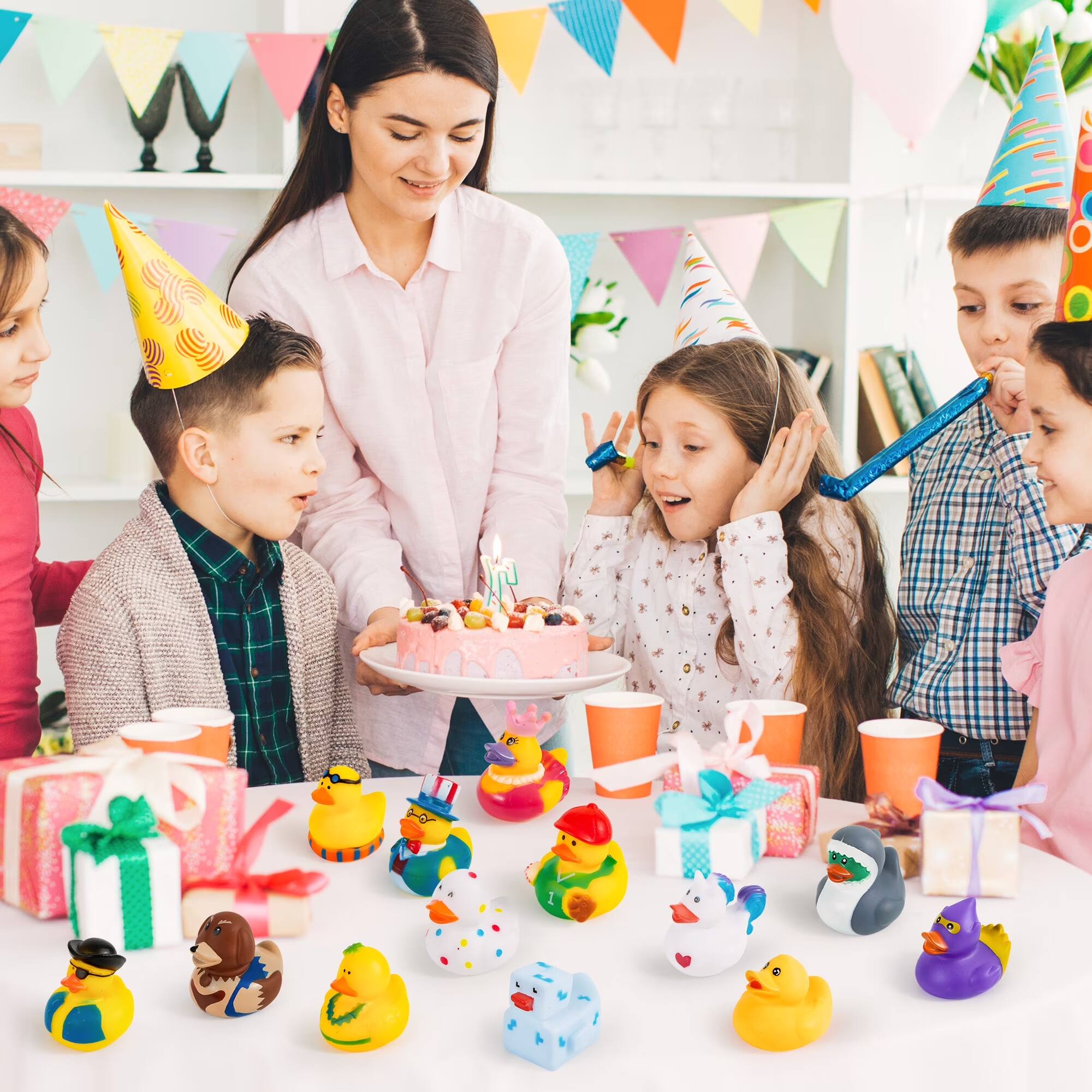Angle. Joyfy - 15 Pcs Rubber Ducks Bath Toys Birthday Gifts for Kids, Random Assortment Mini Rubber Duckie Toys with Mesh Carry Bag - Multicolored.
