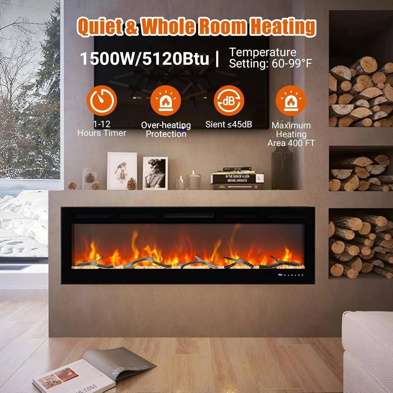 Quiet & Whole Room Heating  
1500W/5120Btu  
Temperature Setting: 60-99°F  
1-12 Hours Timer  
Over-heating Protection  
Sient ≤45dB  
Maximum Heating Area 400 FT