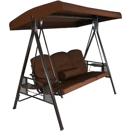 Front. Sunnydaze - 3-Person Steel Patio Swing Bench with Side Tables/Canopy - Brown.