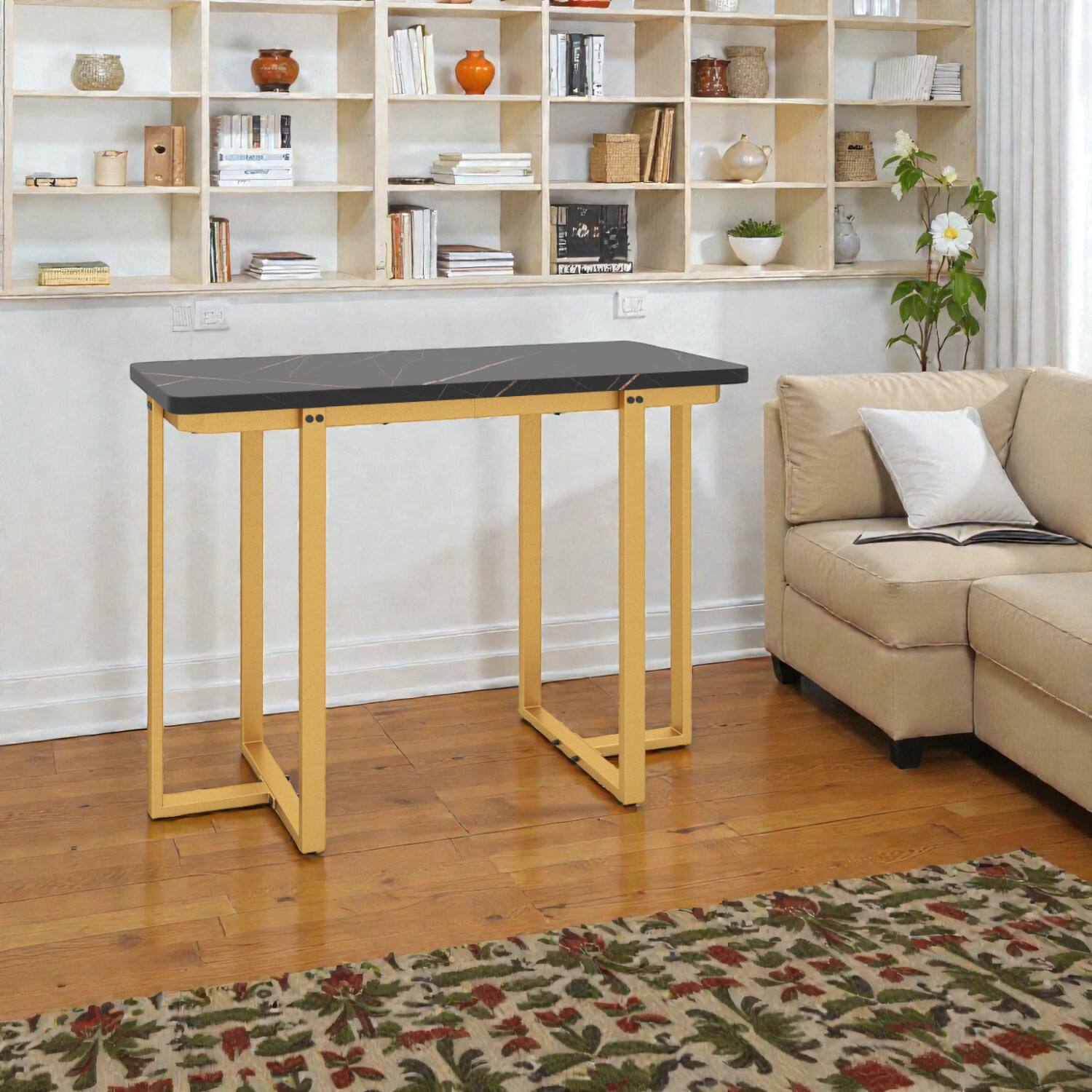 Front. Hivvago - Geometric Metal Frame Entry Table with 42" Faux Marble Surface - Black.