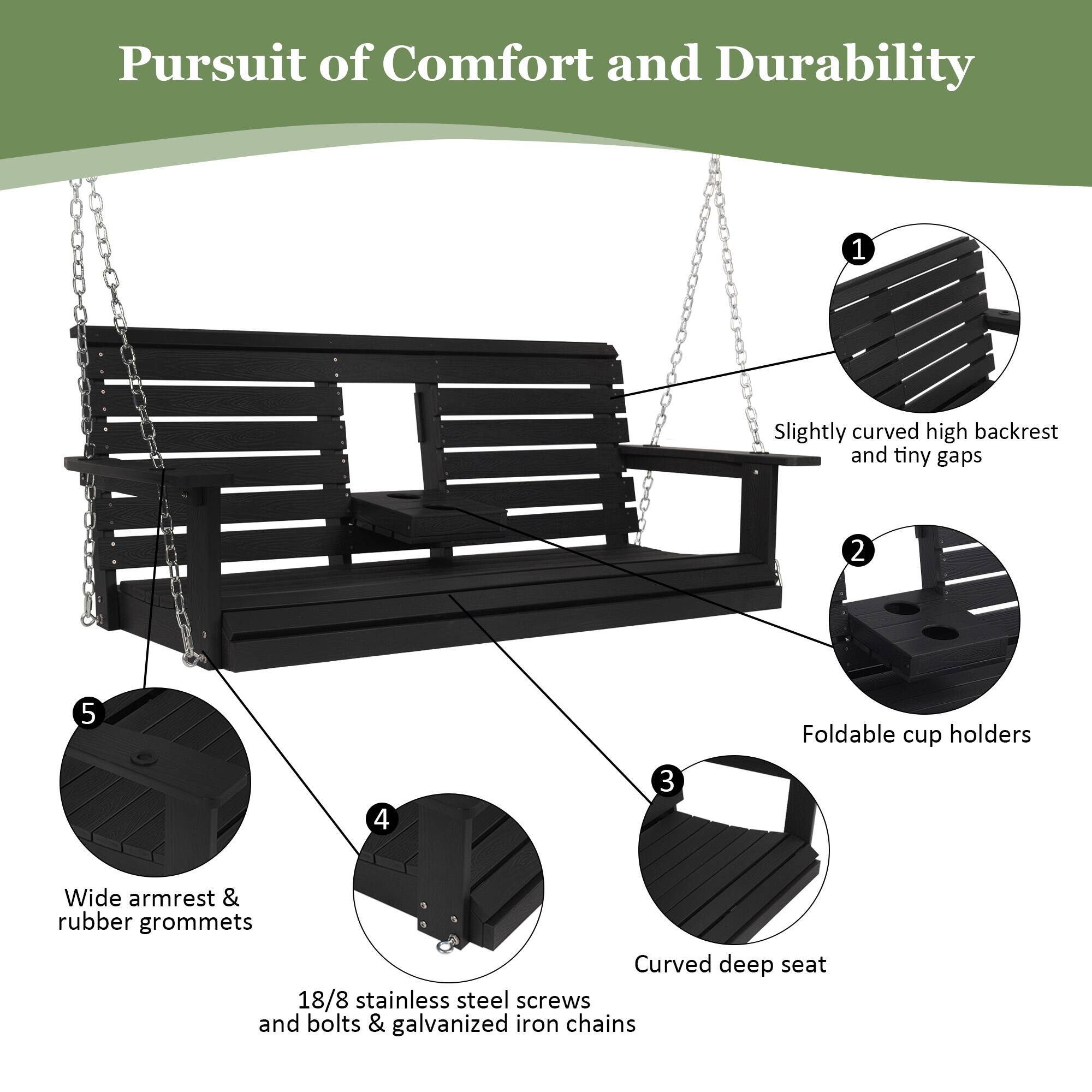 Pursuit of Comfort and Durability

1. Slightly curved high backrest and tiny gaps
2. Foldable cup holders
3. Curved deep seat
4. 18/8 stainless steel screws and bolts & galvanized iron chains
5. Wide armrest & rubber grommets