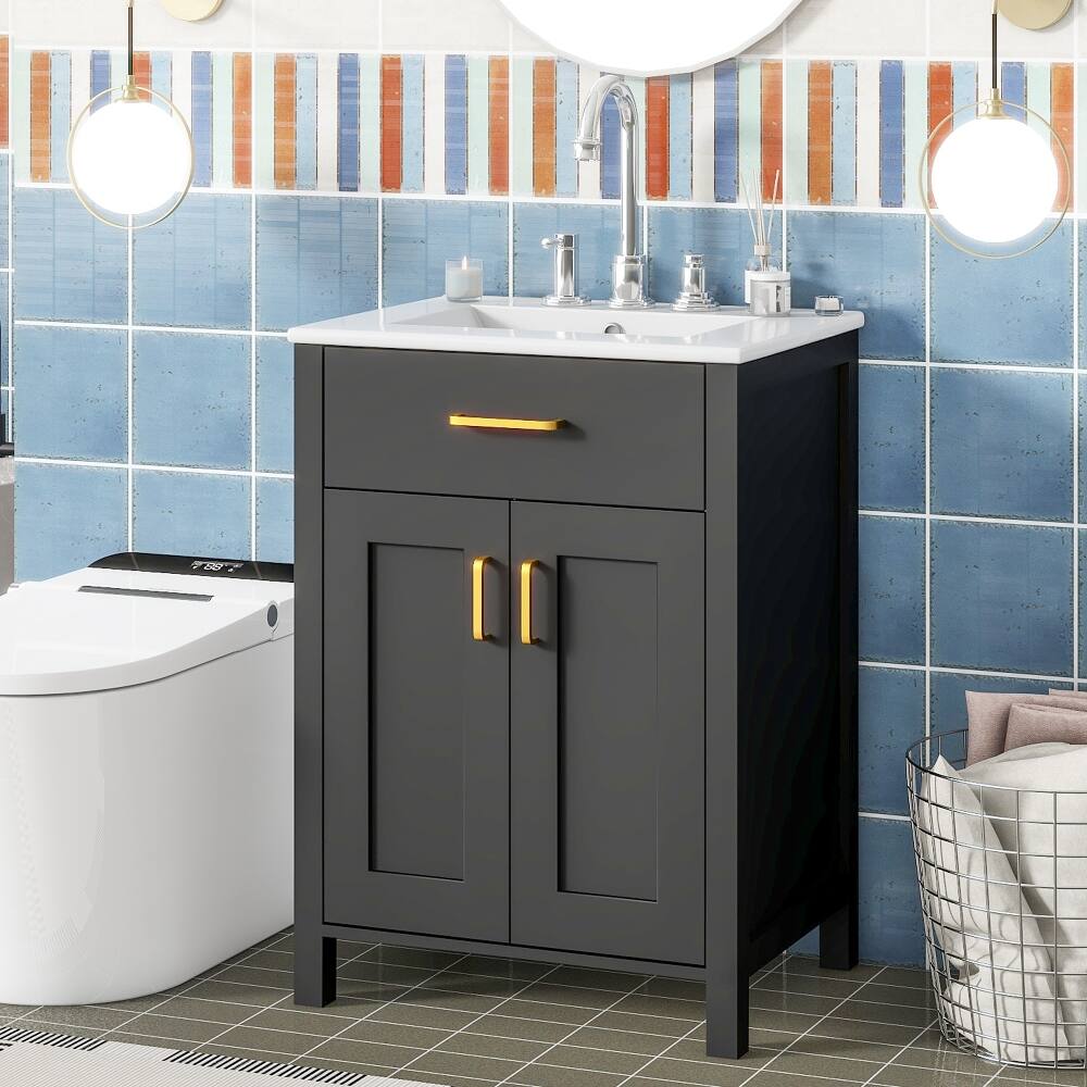 Angle. Loheer - Loheer 24 inch bathroom vanity combo Black Solid Wood Freestanding Cabinet with Ceramic Sink - Black.
