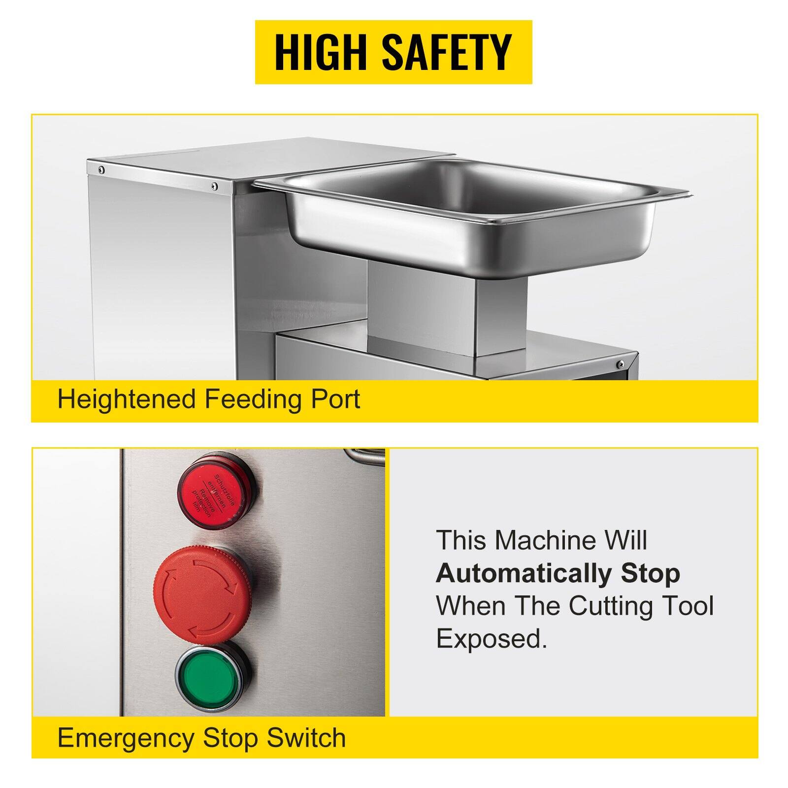 HIGH SAFETY

Heightened Feeding Port

Emergency Stop Switch

This Machine Will Automatically Stop When The Cutting Tool Exposed.