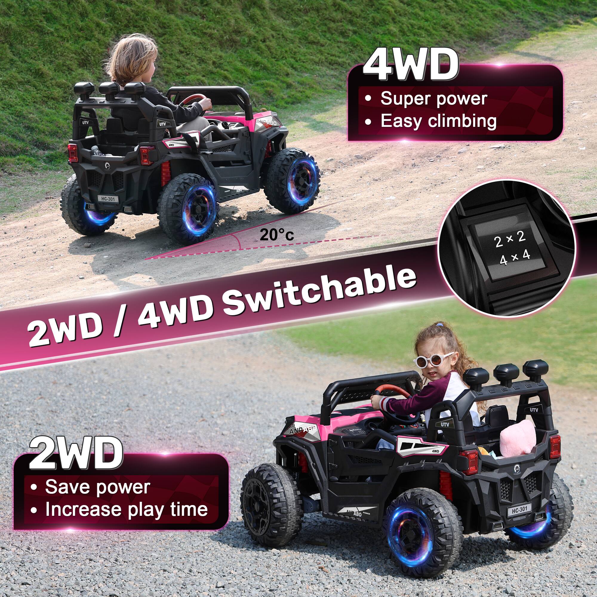4WD Super power Easy climbing  
HC-301  
20c 2x2 4x4 4 2WD / 4WD Switchable  
UTV  
2WD Save power Increase play time  
ANPABE  
UTV  
HC-301