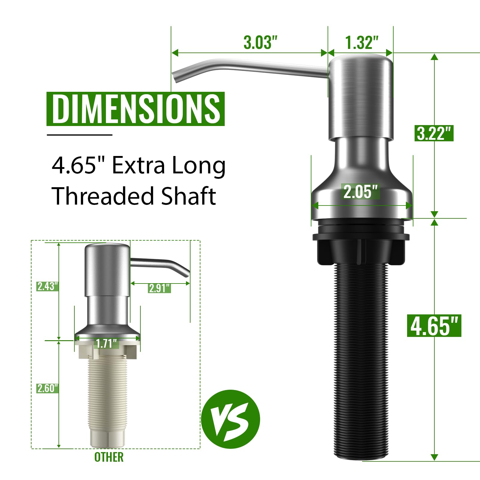 **DIMENSIONS**

- **4.65" Extra Long Threaded Shaft**

**Other:**
- 2.60"
- 1.71"
- 2.43"
- 2.91"

**Current:**
- 3.03"
- 1.32"
- 2.05"
- 3.22"
- 4.65"