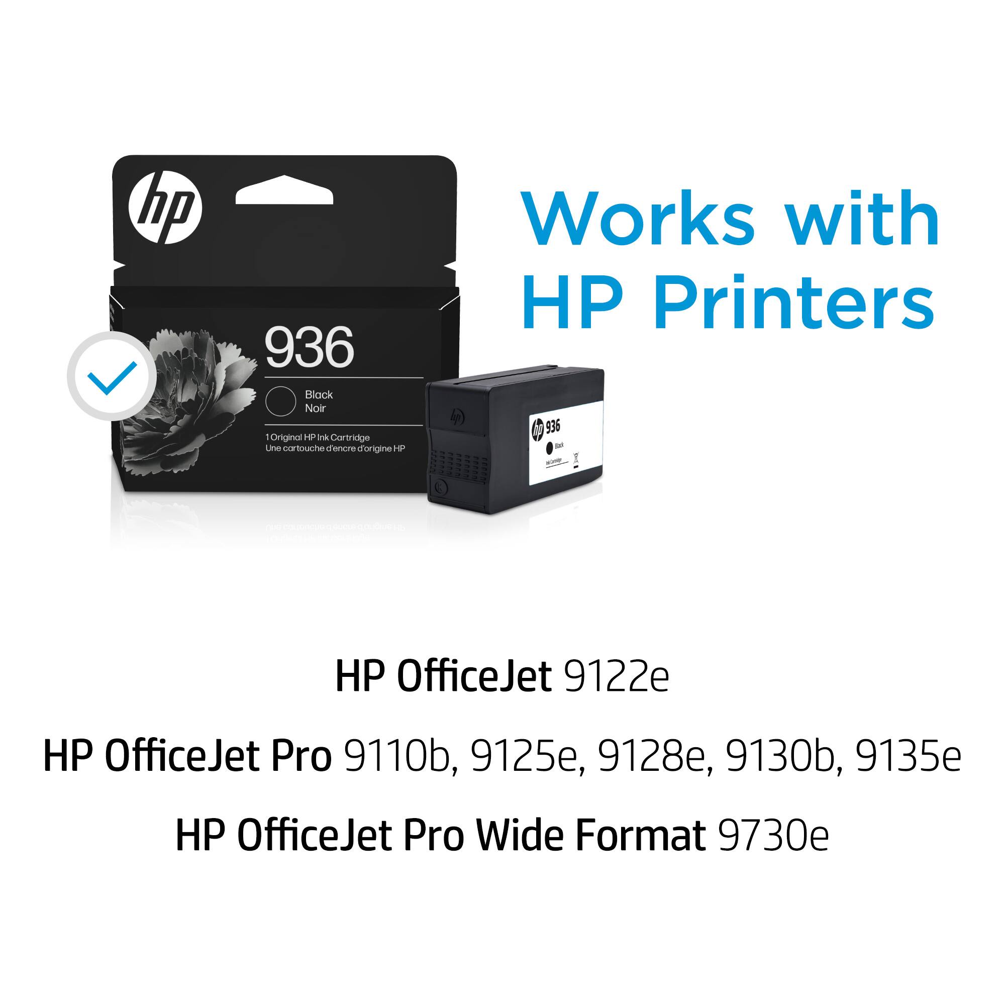 HP 936 Black Original HP Ink Cartridge Works with HP Printers. HP OfficeJet 9122e, HP OfficeJet Pro 9110b, 9125e, 9128e, 9130b, 9135e, HP OfficeJet Pro Wide Format 9730e.