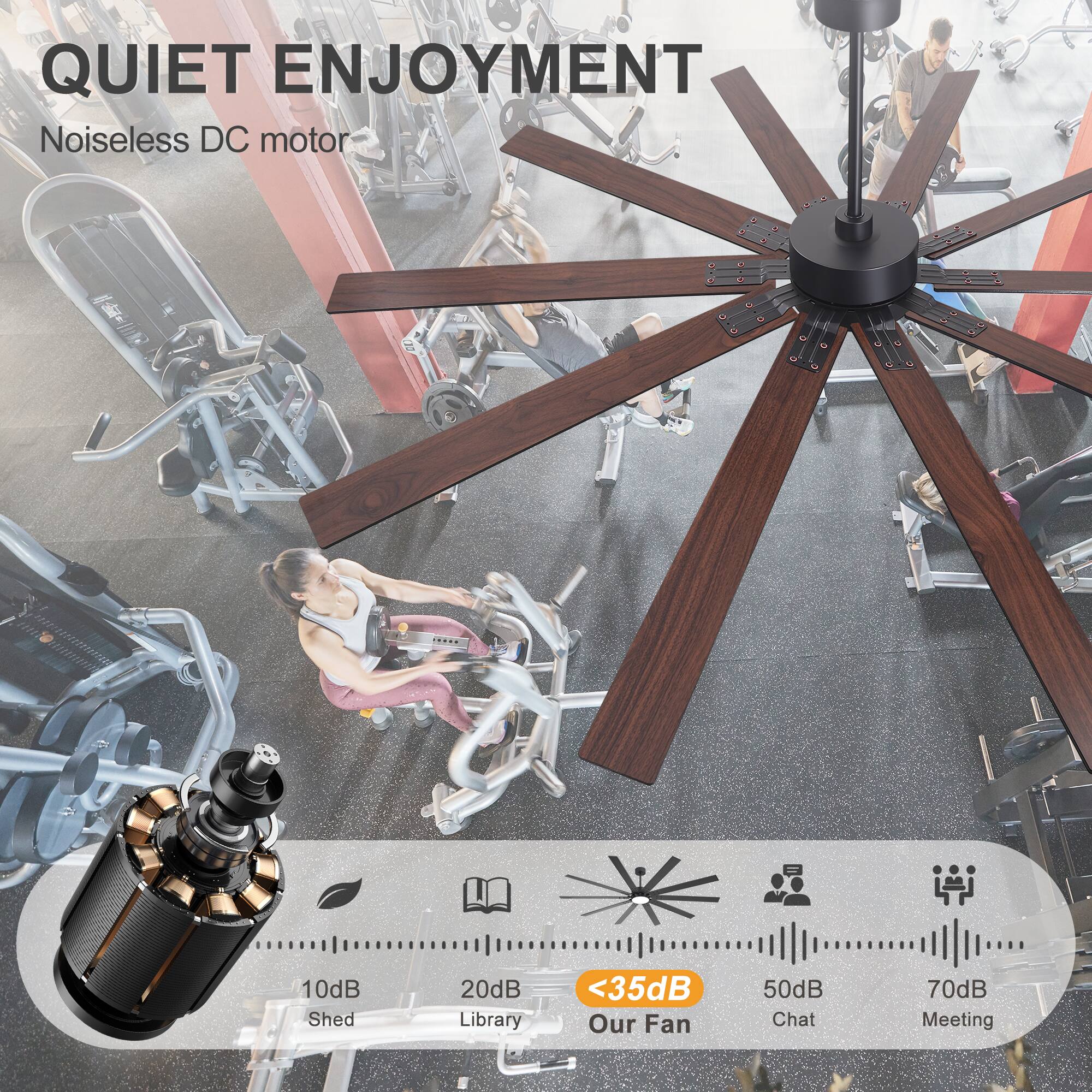 QUIET ENJOYMENT  
Noiseless DC motor  

10dB Shed  
20dB Library  
<35dB Our Fan  
50dB Chat  
70dB Meeting