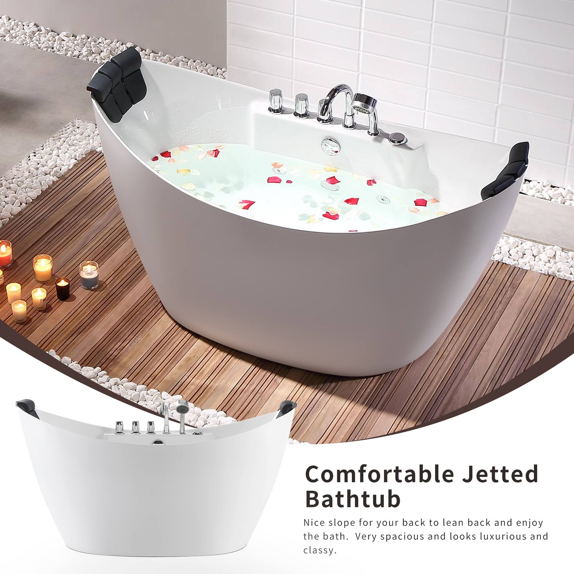 Comfortable Jetted Bathtub

Nice slope for your back to lean back and enjoy the bath. Very spacious and looks luxurious and classy.