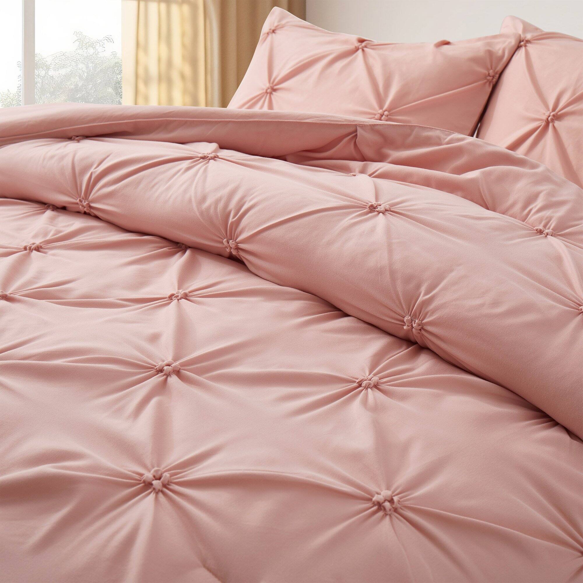 Back. Nest - Peace Nest 3 Pieces Pinch Pintuck Comforter Set Bedding Set for All Season - Pink.