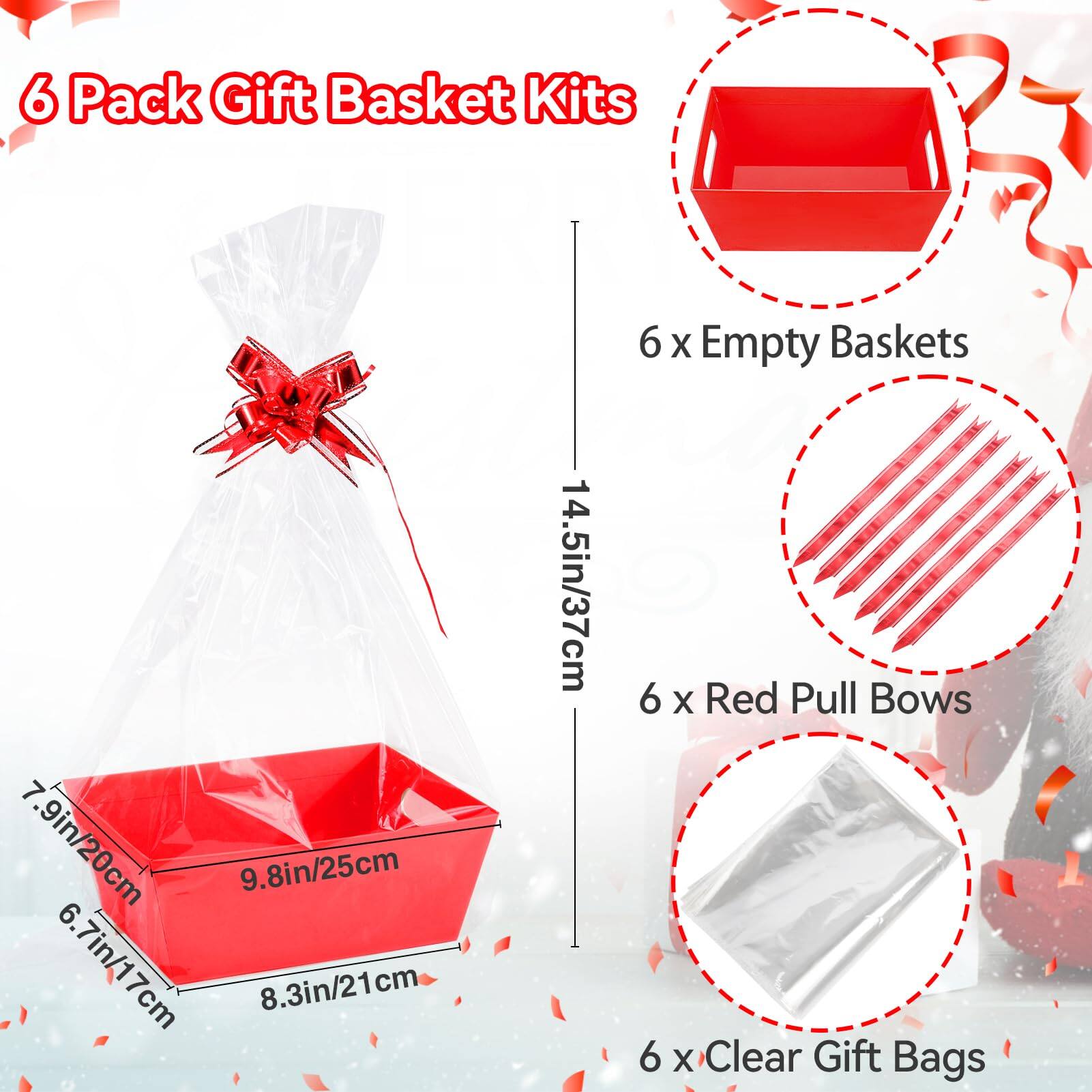 6 Pack Gift Basket Kits

- 6 x Empty Baskets
  - 14.5in/37cm

- 6 x Red Pull Bows
  - 7.9in/20cm
  - 9.8in/25cm
  - 6.7in/17cm
  - 8.3in/21cm

- 6 x Clear Gift Bags