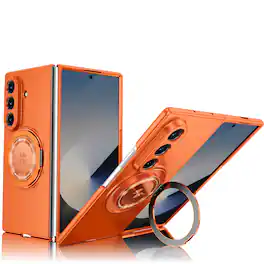 Dteck - Rugged Case for Samsung Galaxy Z Fold8 Ultra, Magnetic Wireless Charger Anti-Scratch Ring Kickstand Shockproof Cover - Orange