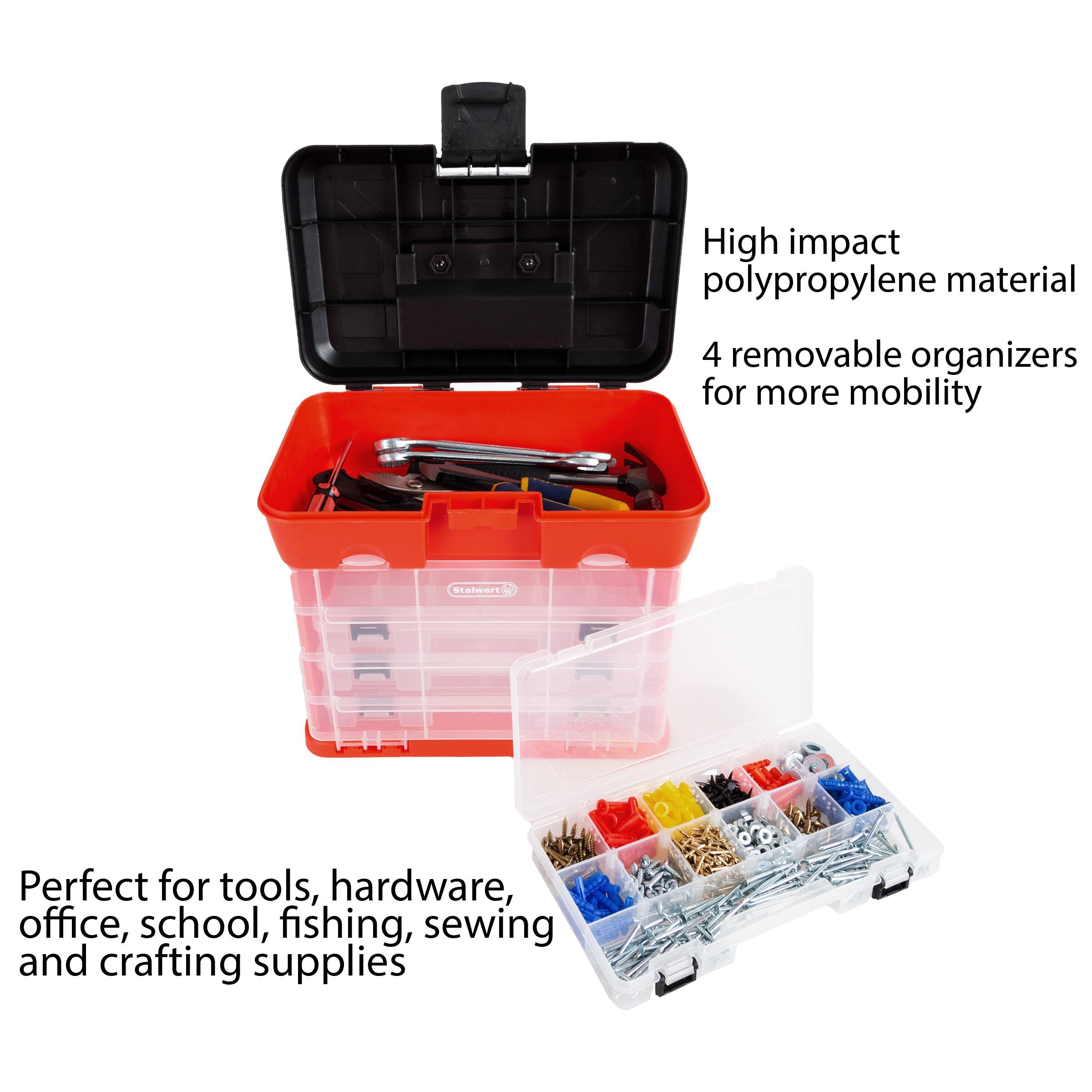 High impact polypropylene material, 4 removable organizers for more mobility. Staimart. Perfect for tools, hardware, office, school, fishing, sewing and crafting supplies.
