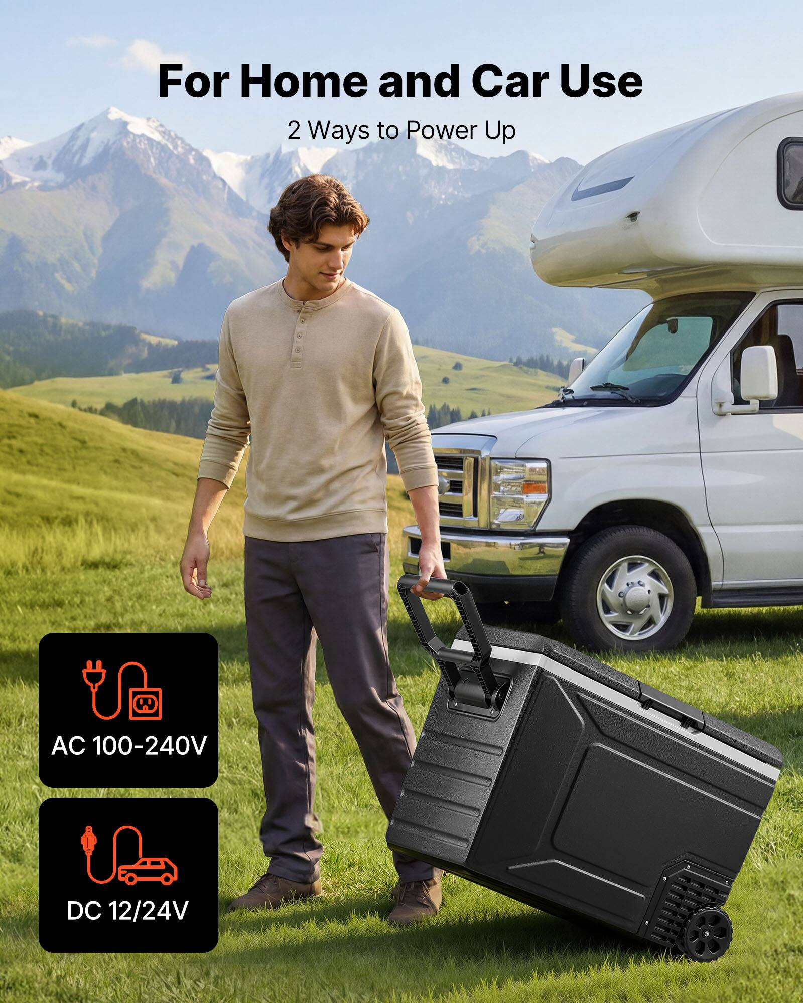 For Home and Car Use  
2 Ways to Power Up  
AC 100-240V  
DC 12/24V