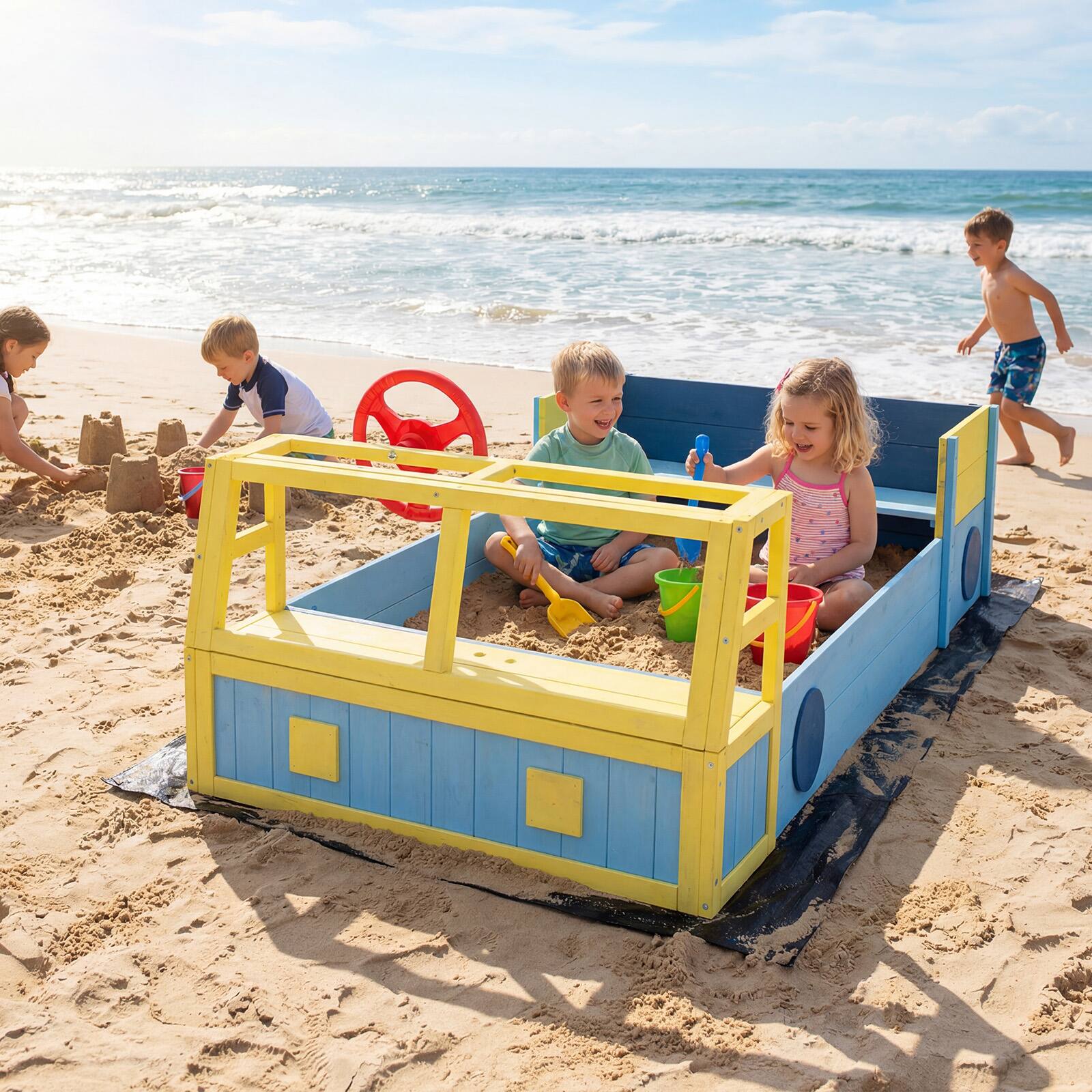 Alt View 3. Costway - Costway Kids Wooden Sandbox, Large Car-Theme Sand Box with Bottom Liner and Fir Wood Frame - Blue + Yellow.