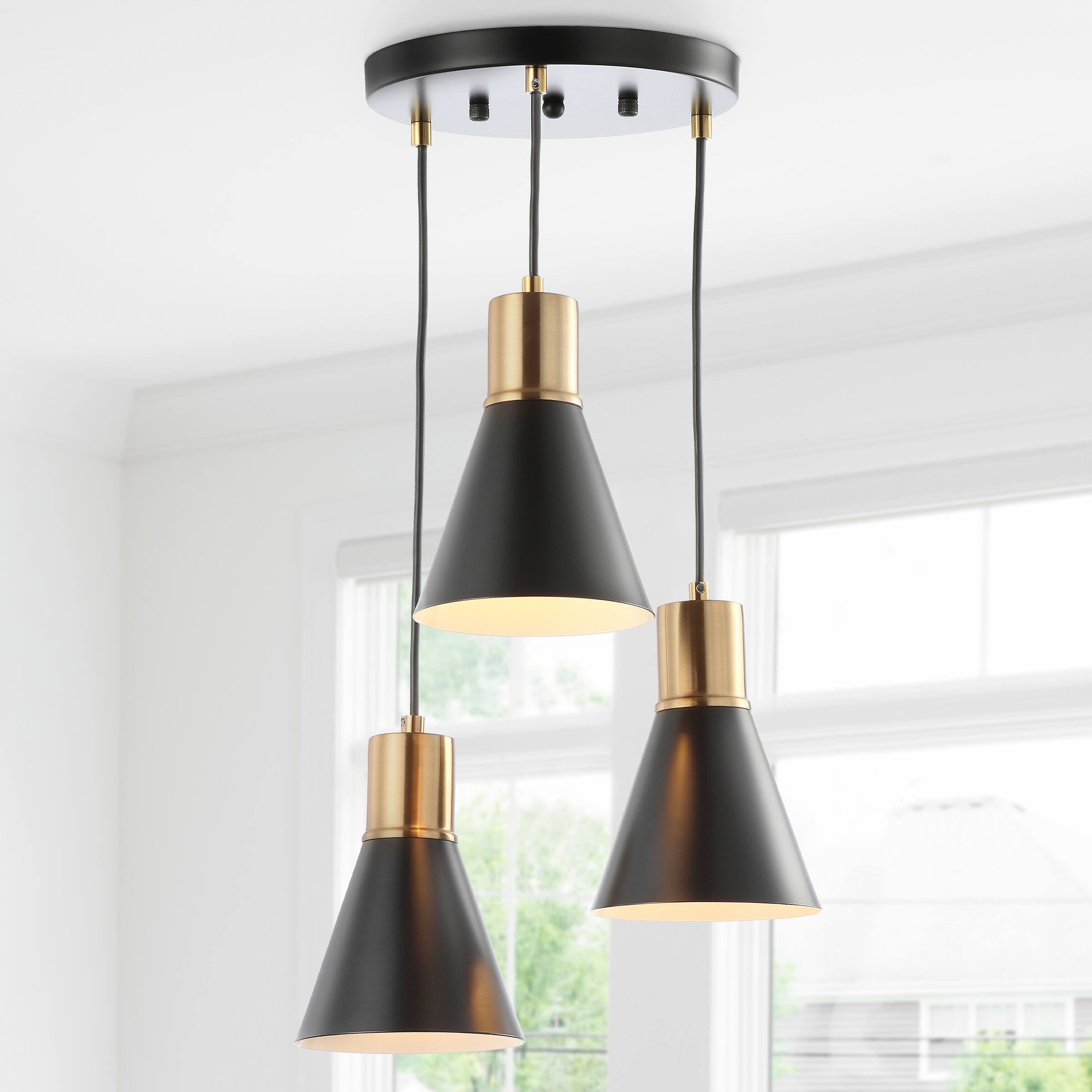 Alt View 1. Jonathan Y - Apollo 15" 3-Light Metal Cluster LED Pendant, Black/Brass Gold - Black/Brass Gold.