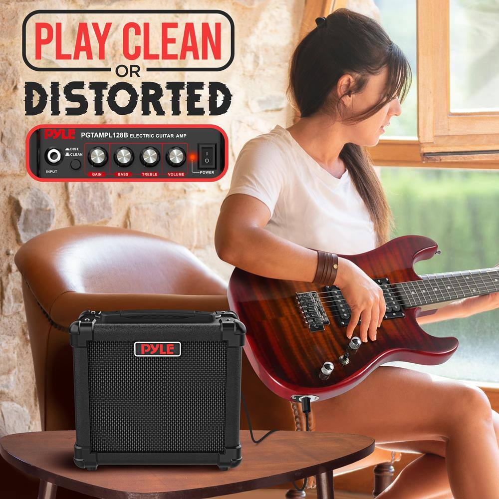 PLAY CLEAN OR DISTORTED  
PYLE PGTAMPL128B ELECTRIC GUITAR AMP  
DIST CLEAN  
INPUT  
GAIN BASS TREBLE VOLUME  
POWER