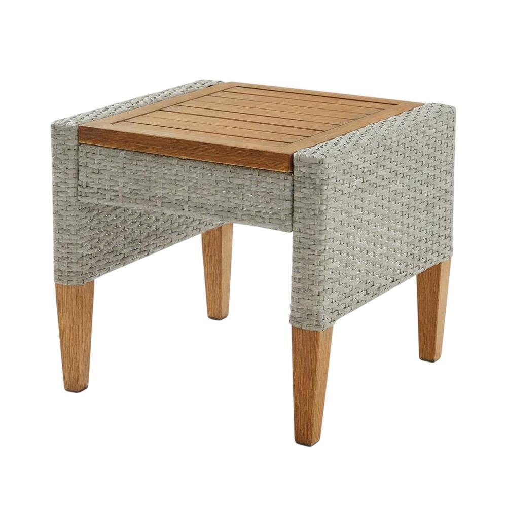 Front. Outdoor Escape - Gray Outdoor Wicker Side Table with Steel Frame for Patio Use - Gray.