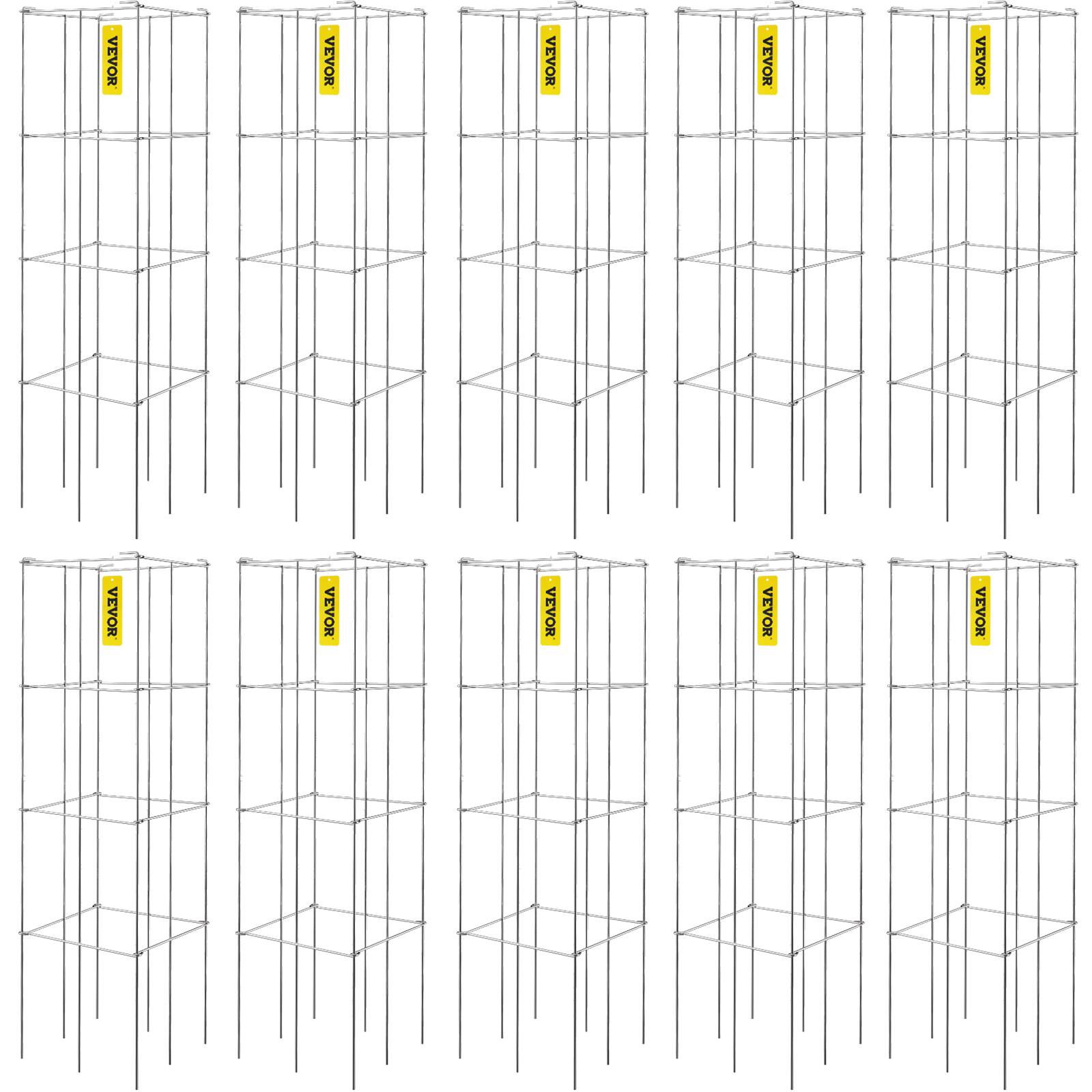 VEVOR - Tomato Cages, 11.8" x 11.8" x 46.1", 10 Packs Square Plant Support Cages, PVC-coated Steel Tomato Towers - Silver