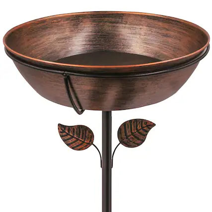 Front. Dazzed Corner - 3" Deep Metal Bird Bath, Removable 13" Dia Bowl with Stable Upgrades Stake for Garden Yard Lawn Decor - Bronze.