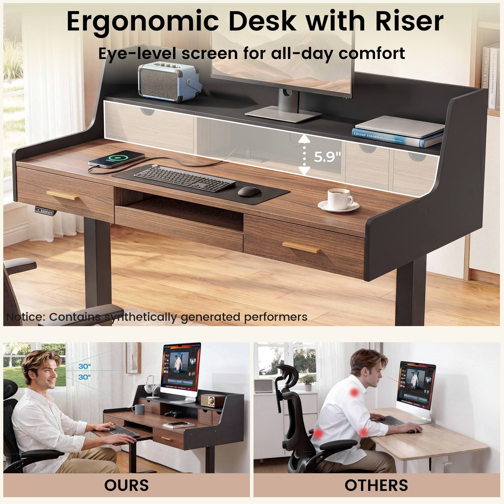 Ergonomic Desk with Riser  
Eye-level screen for all-day comfort  

Notice: Contains synthetically generated performers  

5.9"  

30° 30°  

OURS  

OTHERS