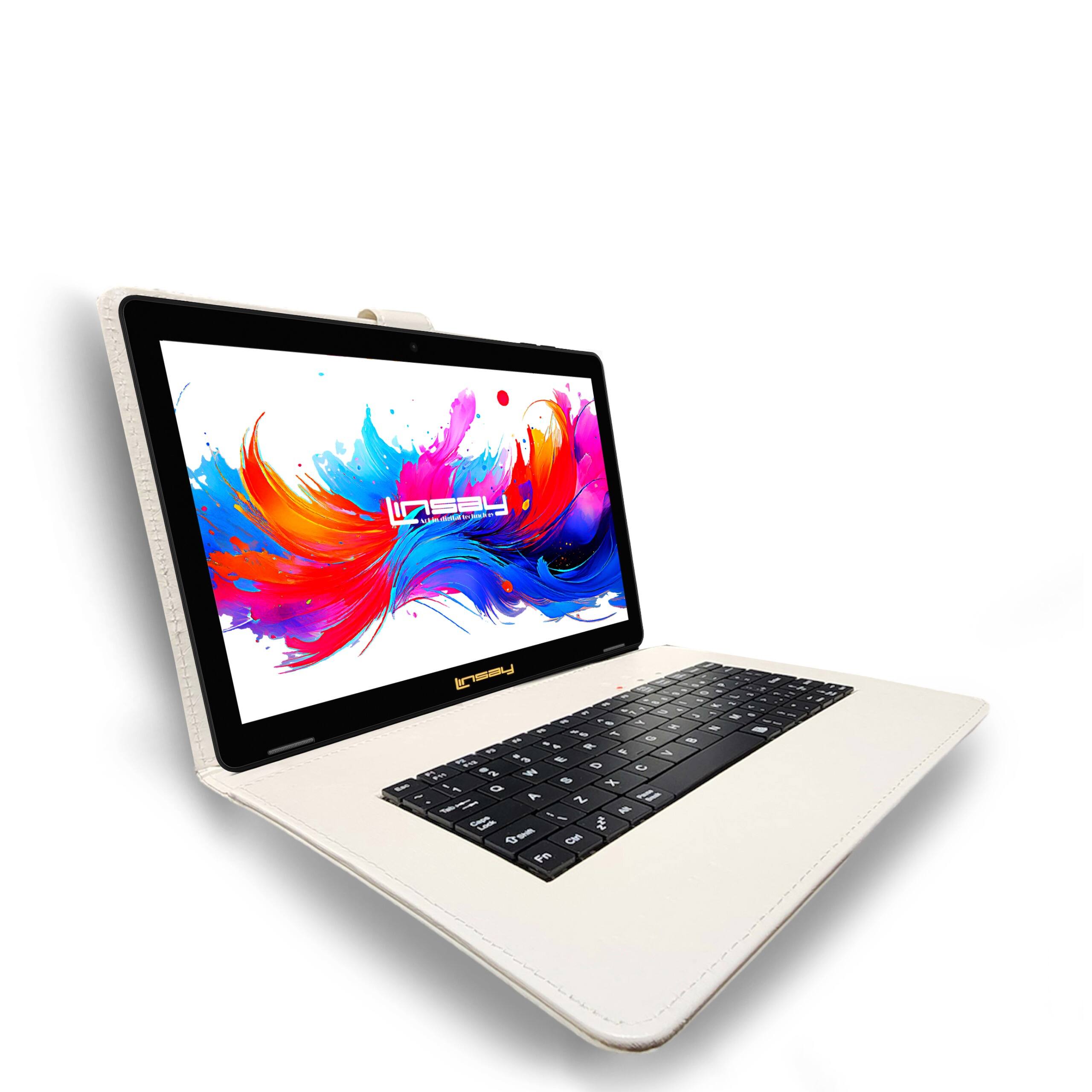 Angle. LINSAY - 10.1" Octa Core 256GB Storage Android 15 with Unique Oracle Keyboard Case and Tablet Briefcase - White.
