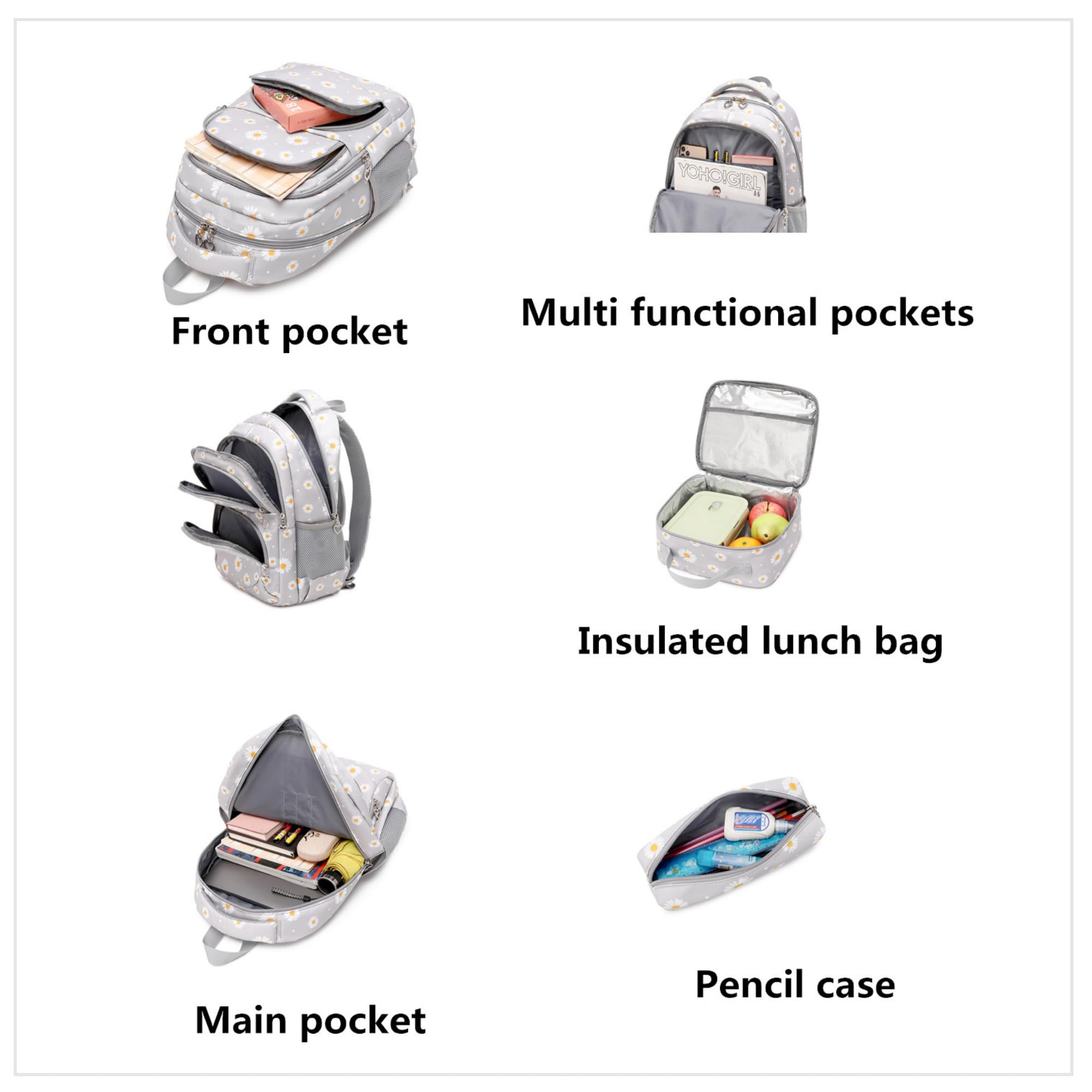 Alt View 2. Cozy Serene - Backpack For Bookbag With Lunch Box School Bag Set 3pcs Flower Daypack Teens - Flower-grey-Daypack Backpacks.