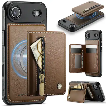 Front. Dteck - Magnetic Wallet Phone Case for Apple iPhone Air 2025,Slim Detachable Zipper Card Holder RFID PU Leather Shockproof Cover - Brown.