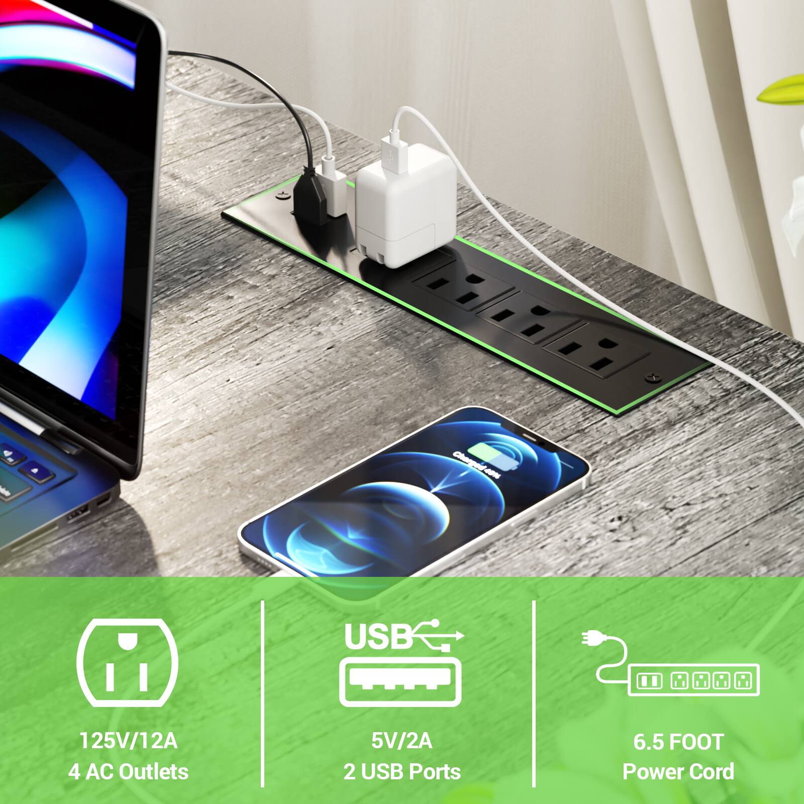 Chorgad Cher USB 125V/12A 2A 4 AC Outlets 5V/2A 2 USB Ports 6.5 FOOT Power Cord