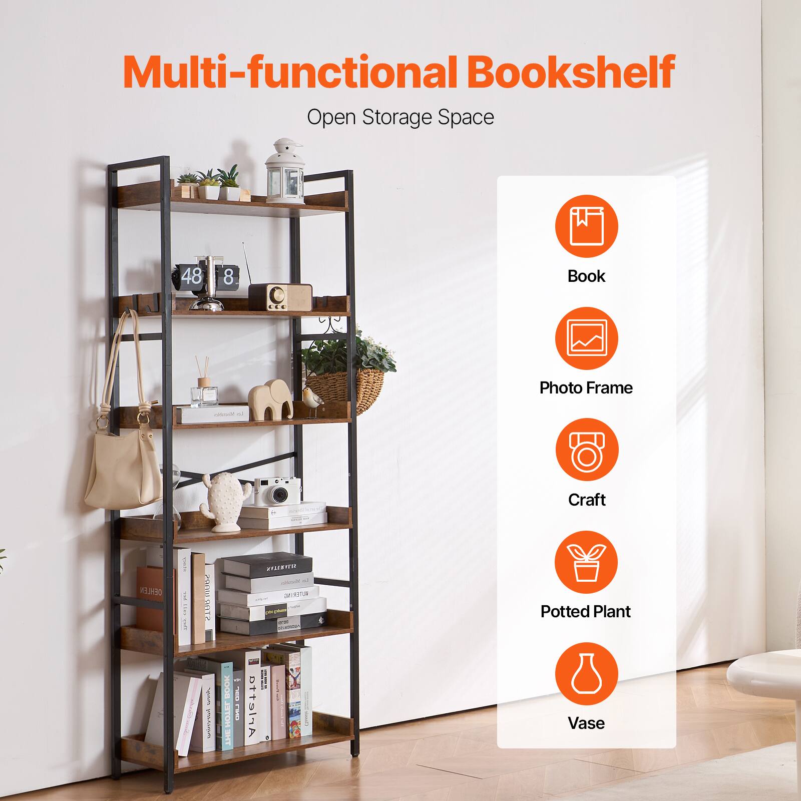 Multi-functional Bookshelf  
Open Storage Space  

- Book  
- Photo Frame  
- Craft  
- Potted Plant  
- Vase