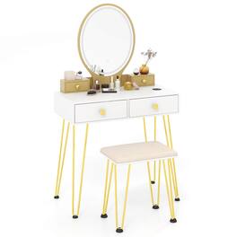 Costway - Industrial Mirrored Vanity Makeup Dressing Table Padded Stool Set 3-Color Lights - White