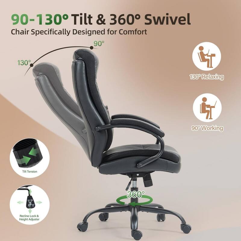 90-130° Tilt & 360° Swivel Chair Specifically Designed for Comfort

90° Working

130° Relaxing

Tilt Tension

Recline Lock & Height Adjuster