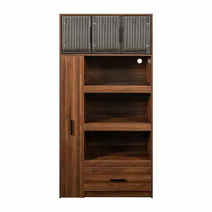 Front. Kadyn - 71-Inch Kitchen Pantry Cabinet with Aluminum Frame Glass Door - Walnut - Brown.