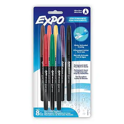 Sure, here is the corrected and grouped text from the image:
---
**EXPO**
**Ultra Fine**
**SEMI-PERMANENT**
**Semi-Permanente**
**Water Activated Erasing**
**Effacement Activé Par L'eau**
**Borrado Activado Con el Agua**
**Permanent Until You Want it Gone**
**Longtemps que Vous le Souhaitez**
**Tan Duradero Como Desees**
**8 Wet Crayon Markers**
**8 Marcadores de Sólido Húmedo**
**8 Marqueurs Effacables de Sólido Húmedo**
**8 Crayons à Effacer de Sólido Húmedo**
---
**Ultra Fine Tip**
**Point Ultra Fin**
**Punta Ultra Fina**
---
**Wet Crayon Markers**
**Marcadores de Sólido Húmedo**
**Marqueurs Effacables de Sólido Húmedo**
**Crayons à Effacer de Sólido Húmedo**
---