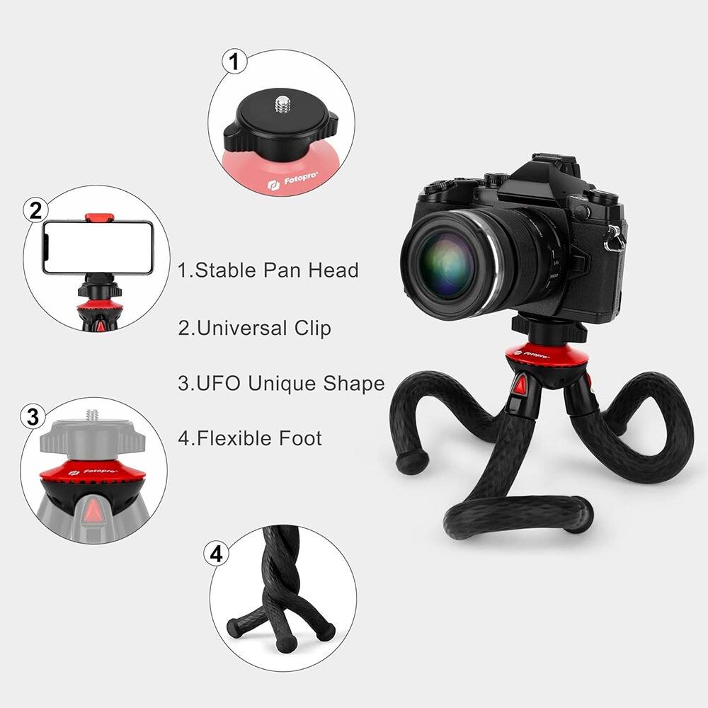 1. Stable Pan Head  
2. Universal Clip  
3. UFO Unique Shape  
4. Flexible Foot