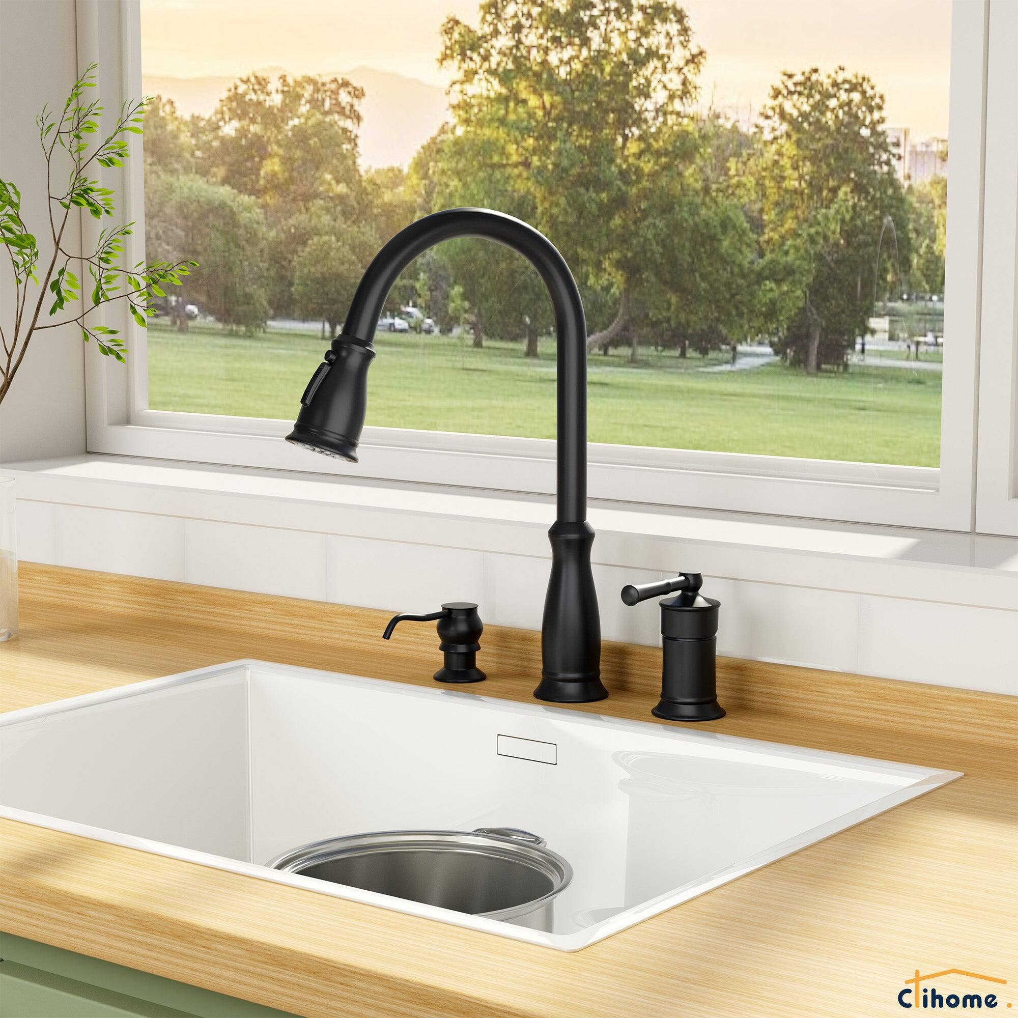 Alt View 3. Boyel Living - 3-Spray Patterns Single Handle 1.8 GPM Pull Down Sprayer Kitchen Faucet with Soap Dispenser in Matte Black - Matte Black.