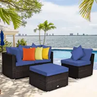 Costway 4PCS Patio Rattan Furniture Set Sofa Ottoman Cushion Garden Deck - Navy - Front_Zoom