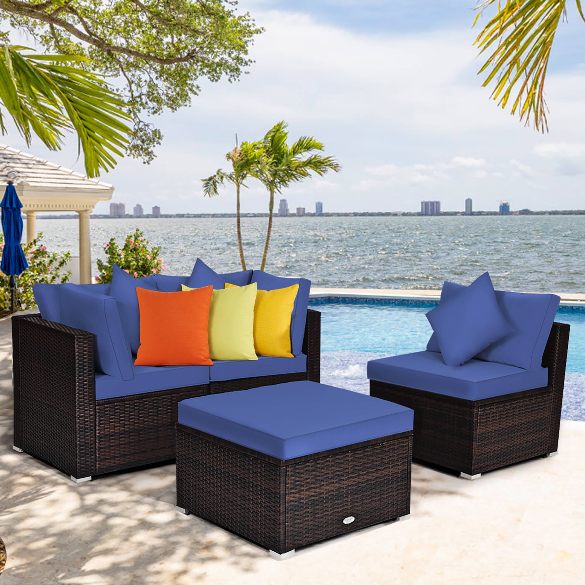 Costway 4PCS Patio Rattan Furniture Set Sofa Ottoman Cushion Garden