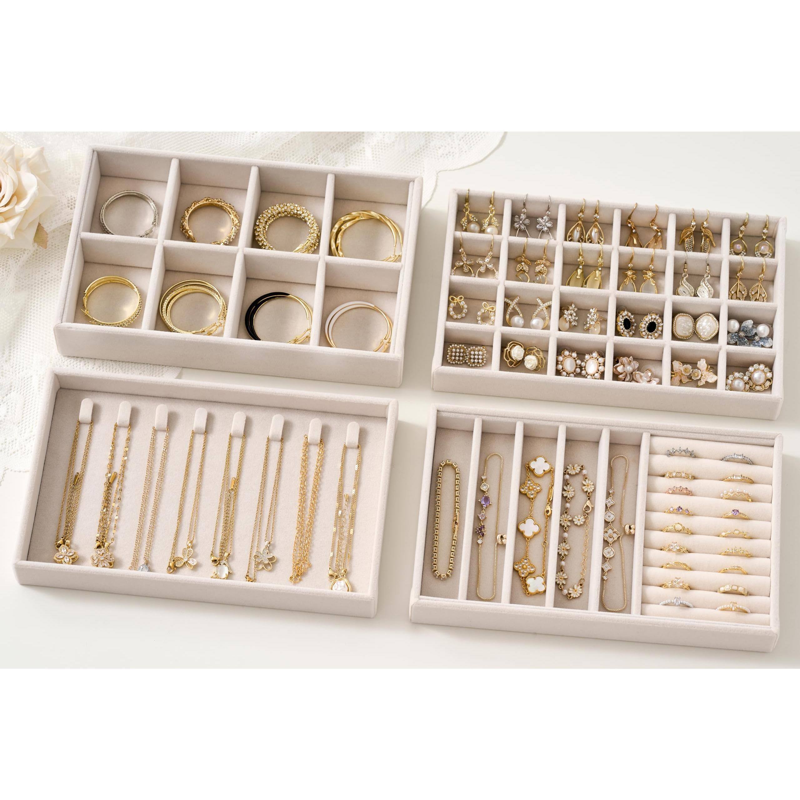 Front. Paradigms Interiors - Drawer Organizer Trays - Stackable Storage Inserts Set 4-layer Tray For Earrings Rings Necklaces Bracelets ... - Beige.