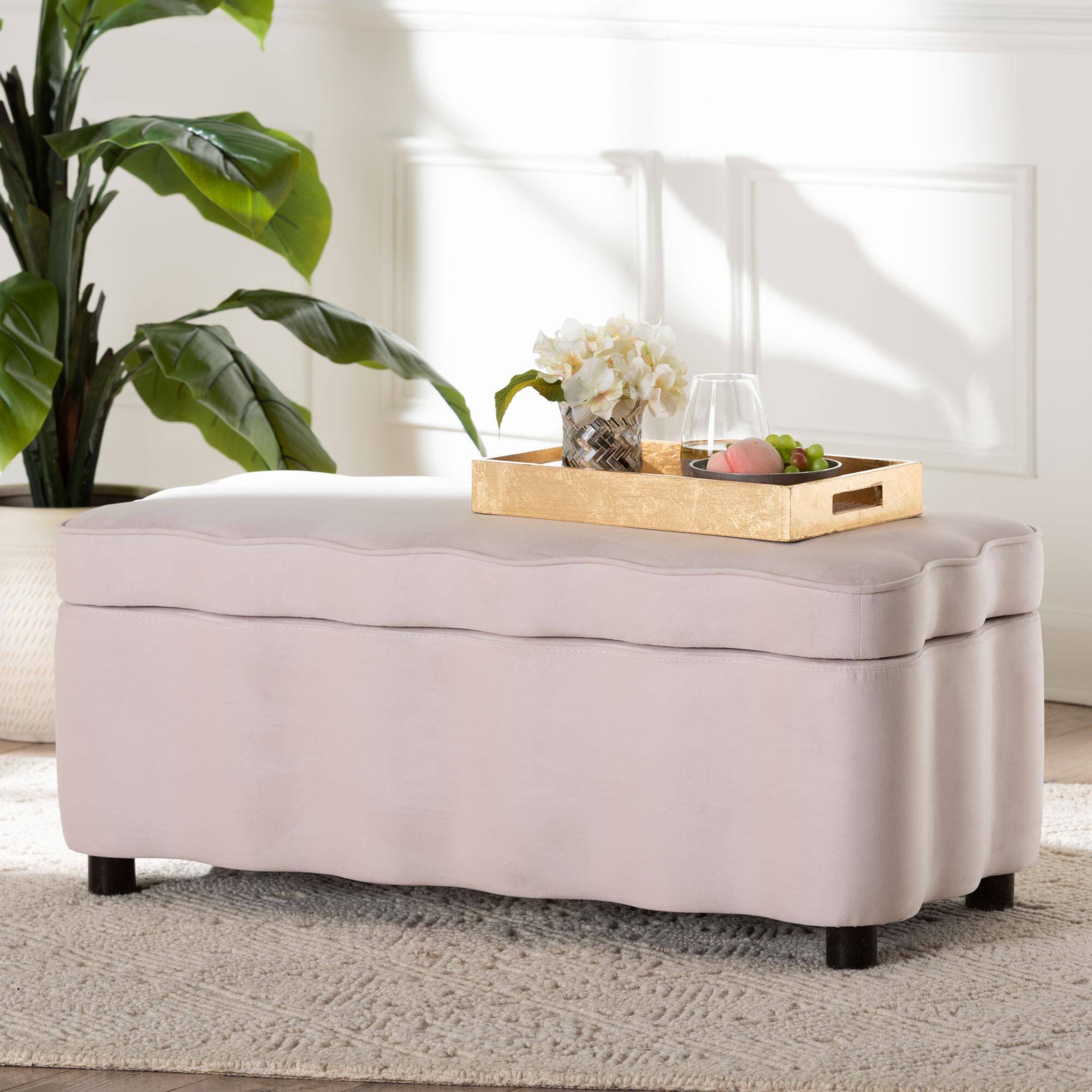 Alt View 5. Baxton Studio - Paulina Velvet Storage Bench - Lift Top Accent Bench with Interior Storage and Scalloped Outline - Light Pink/Black.