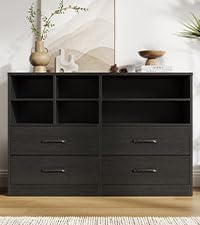 Alt View 2. Homhougo - 2pcs Bedroom Dresser with 4 Drawers & 6 Open Shelves, Modern Wood Storage Cabinet for Living Room, Black - ‎Black.