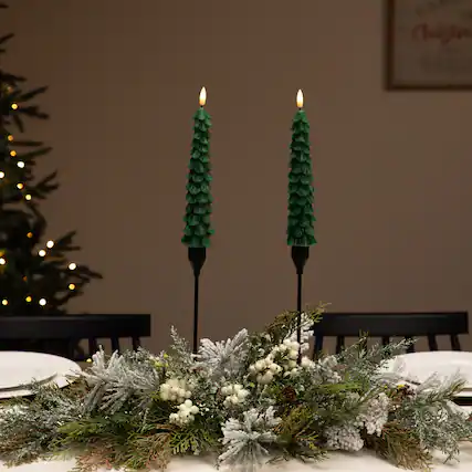 Front. Northlight - Flickering LED Flameless Wax Tapered Christmas Tree Candles - 9.75" - Green - Set of 2 - Green.