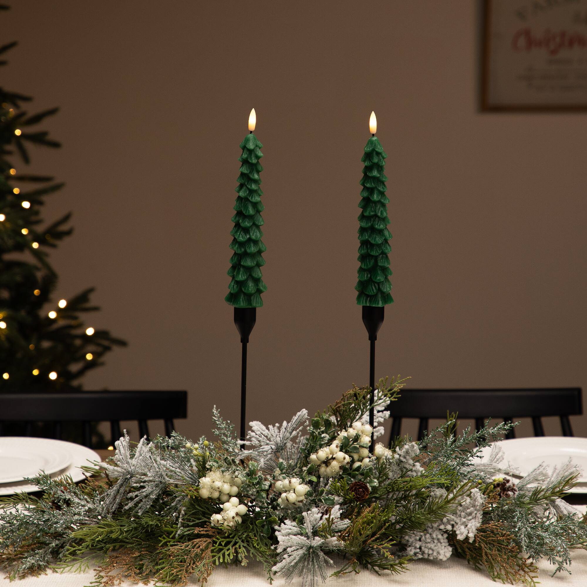 Front. Northlight - Flickering LED Flameless Wax Tapered Christmas Tree Candles - 9.75" - Green - Set of 2 - Green.