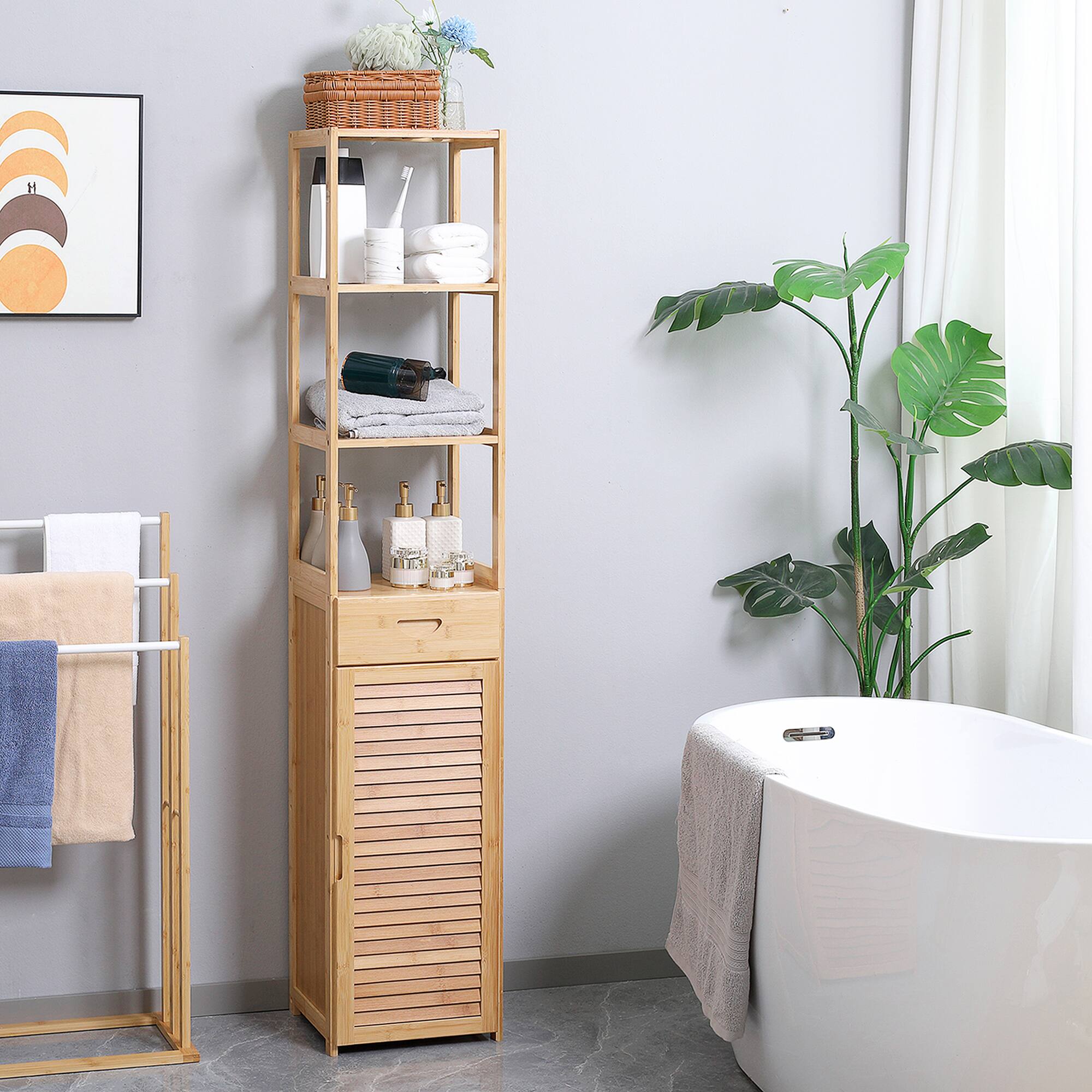 Alt View 1. Kleankin - Tall Bathroom Cabinet with Drawer and Slatted Shelves, Slim Bamboo Linen Tower with Louvered Door - Natural wood finish.